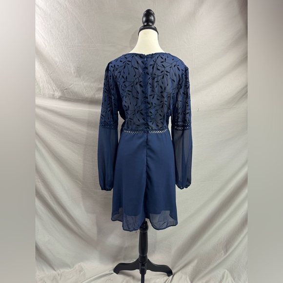 Guipure Lace Insert Lantern Sleeve Chiffon Dress Blue - Picture 12 of 12